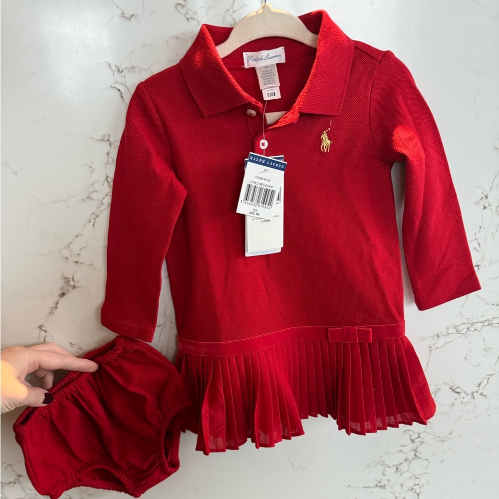 Brand new Ralph Lauren red pleated polo dress and bloomers size 9M 9Months